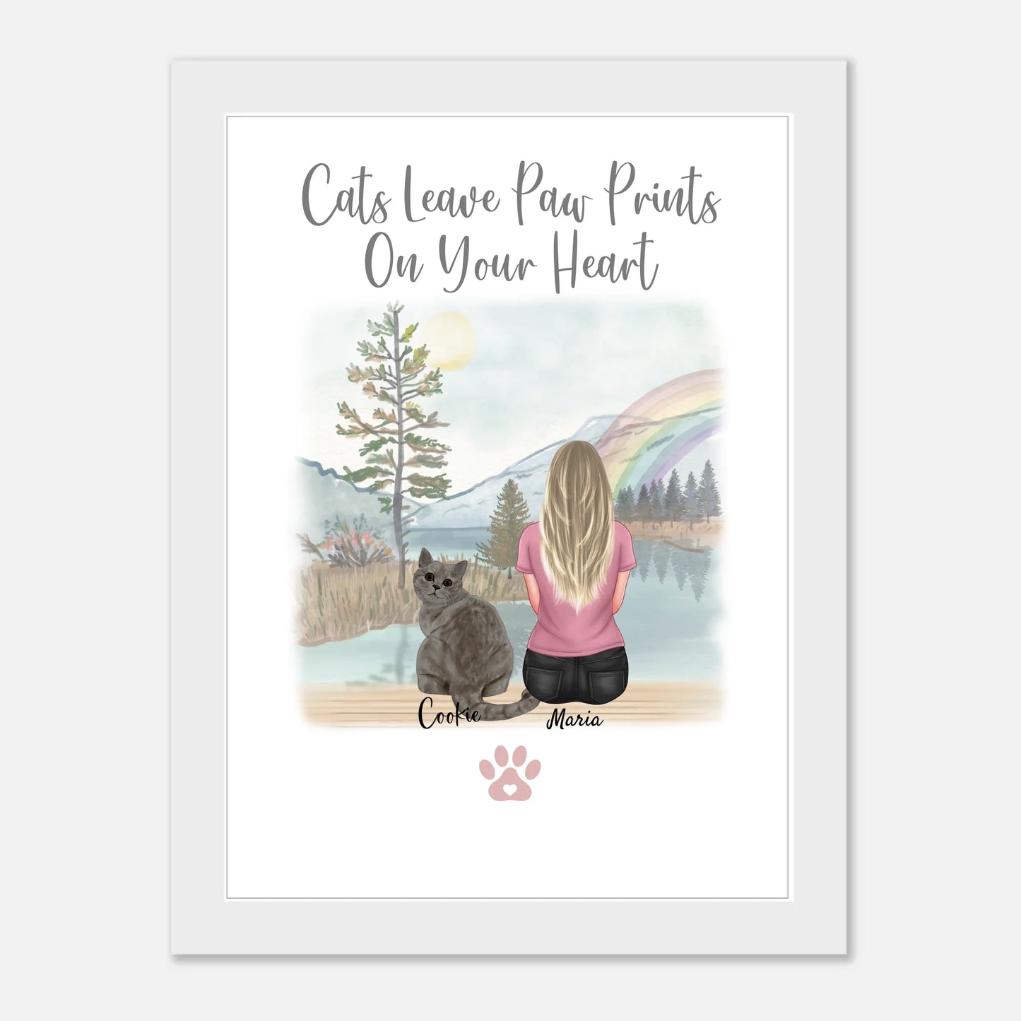 Paw Prints on Your Heart Personalised Cat Framed Art - A4