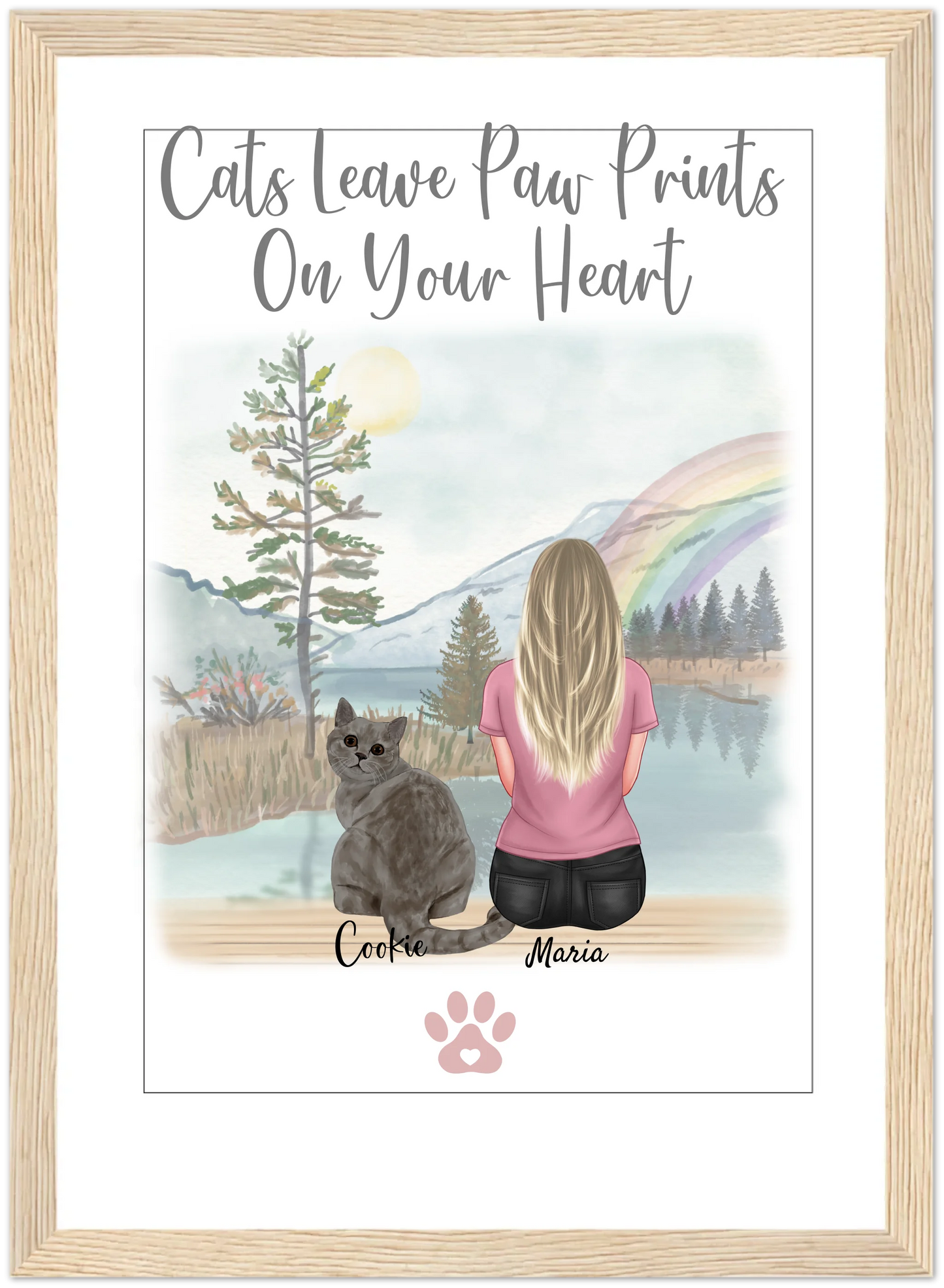 Paw Prints on Your Heart Personalised Cat Framed Art - A4