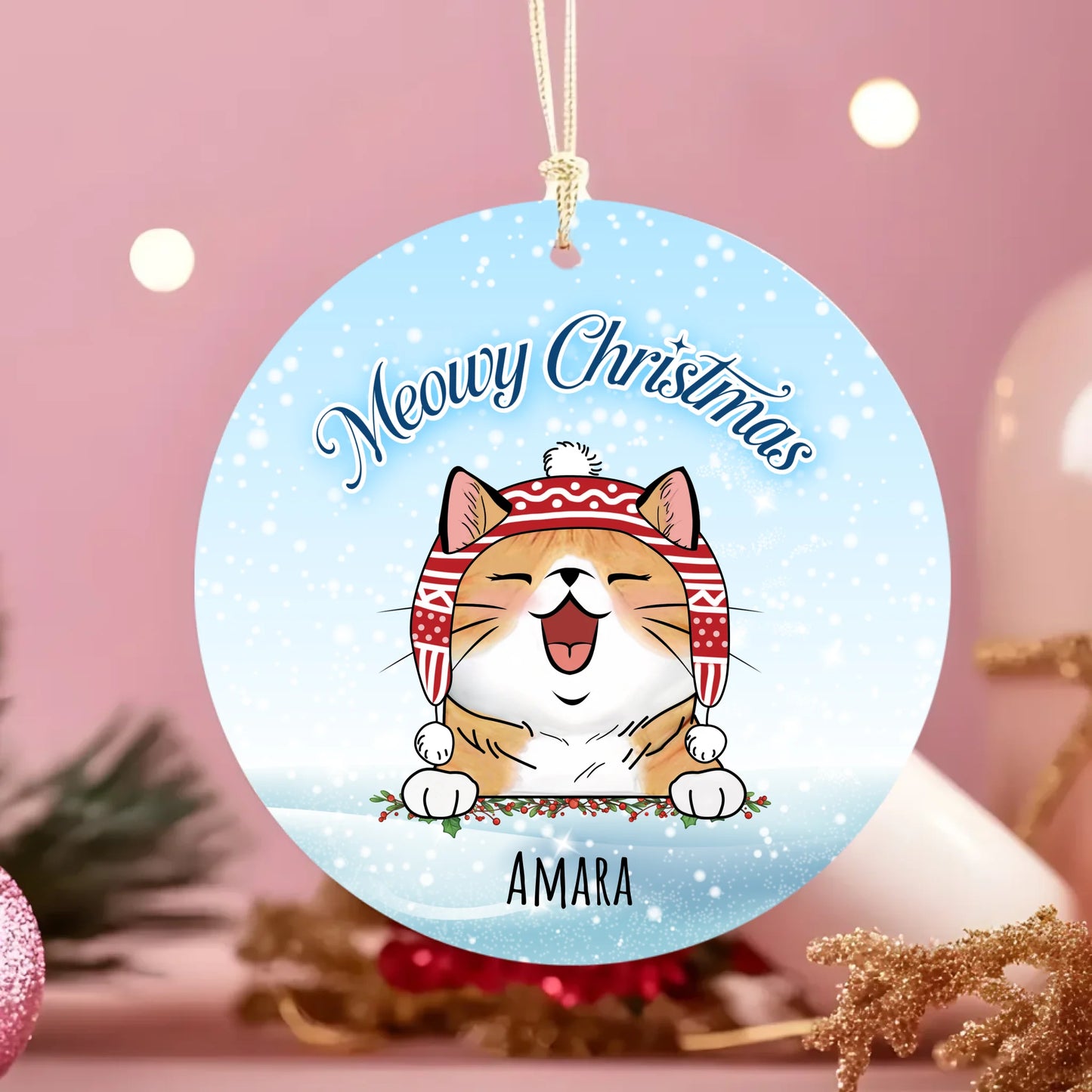 Meowy Christmas Personalised Round Hanging Ceramic ornament