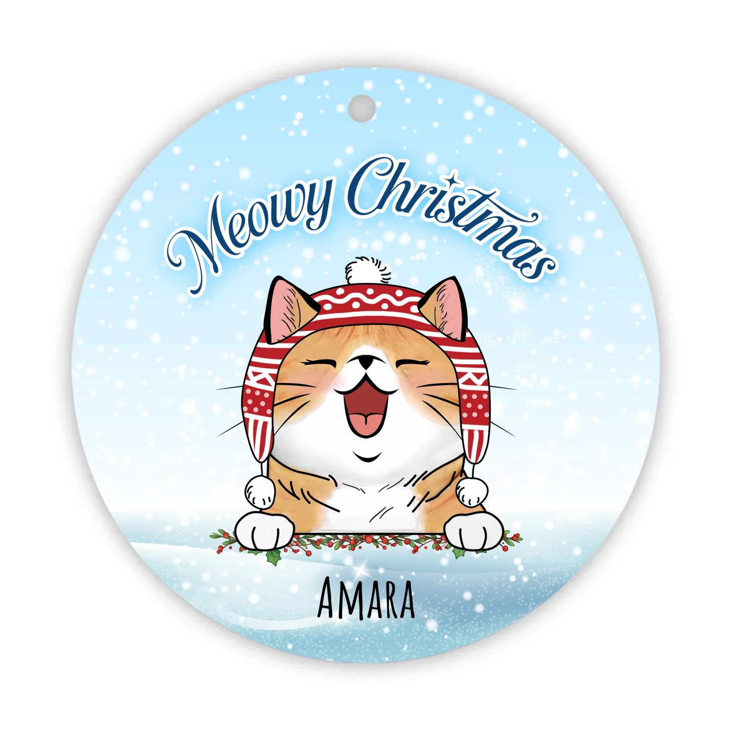 Meowy Christmas Personalised Round Hanging Ceramic ornament