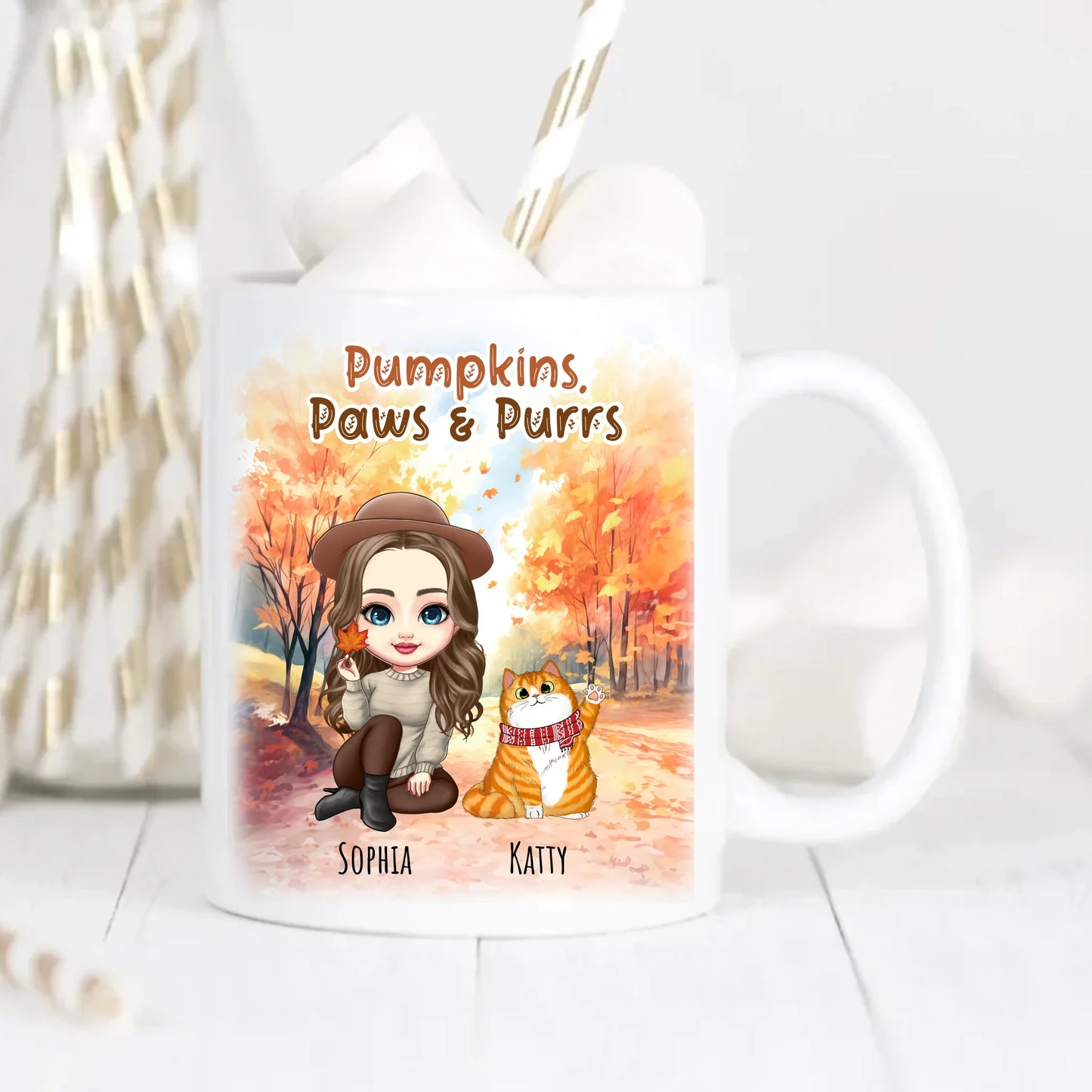 Pumpkins, Paws & Purrs Personalised Cat Mug