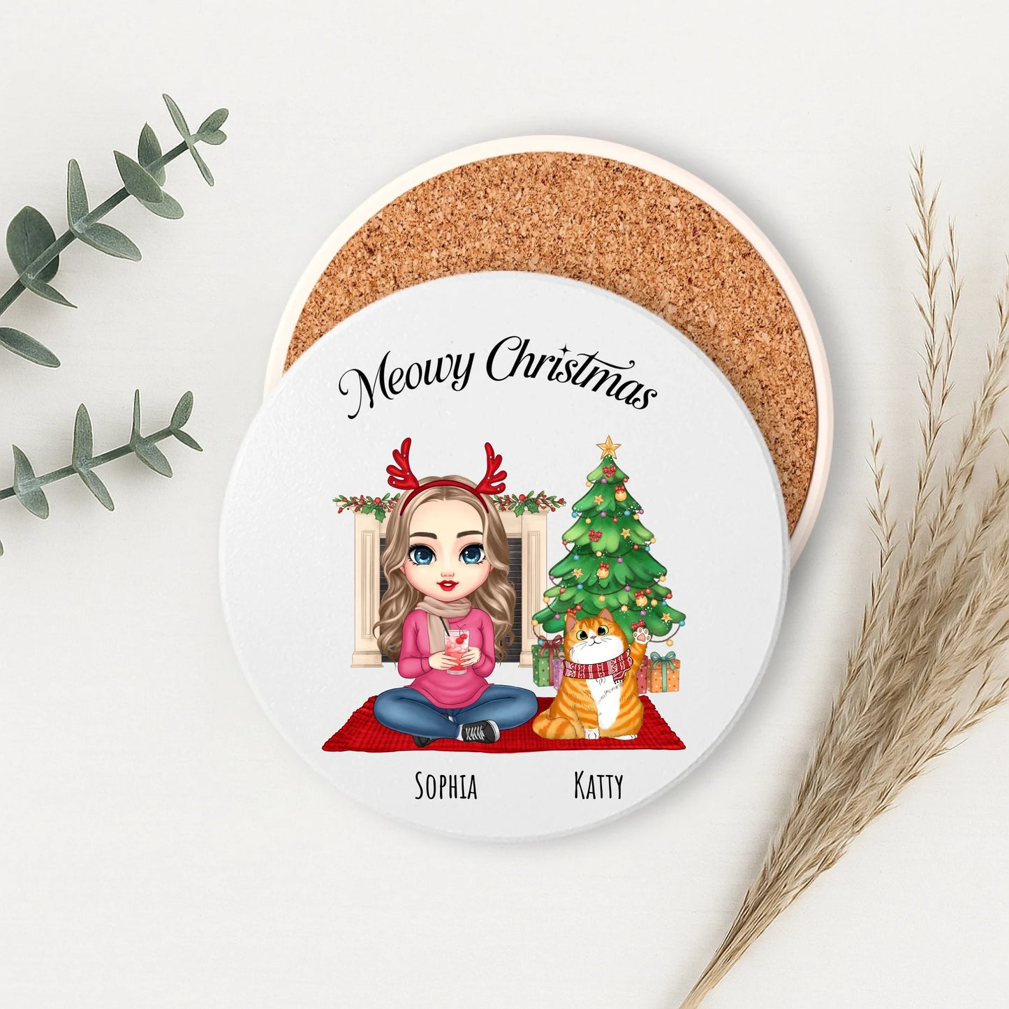 Meowy Christmas Personalised Coaster