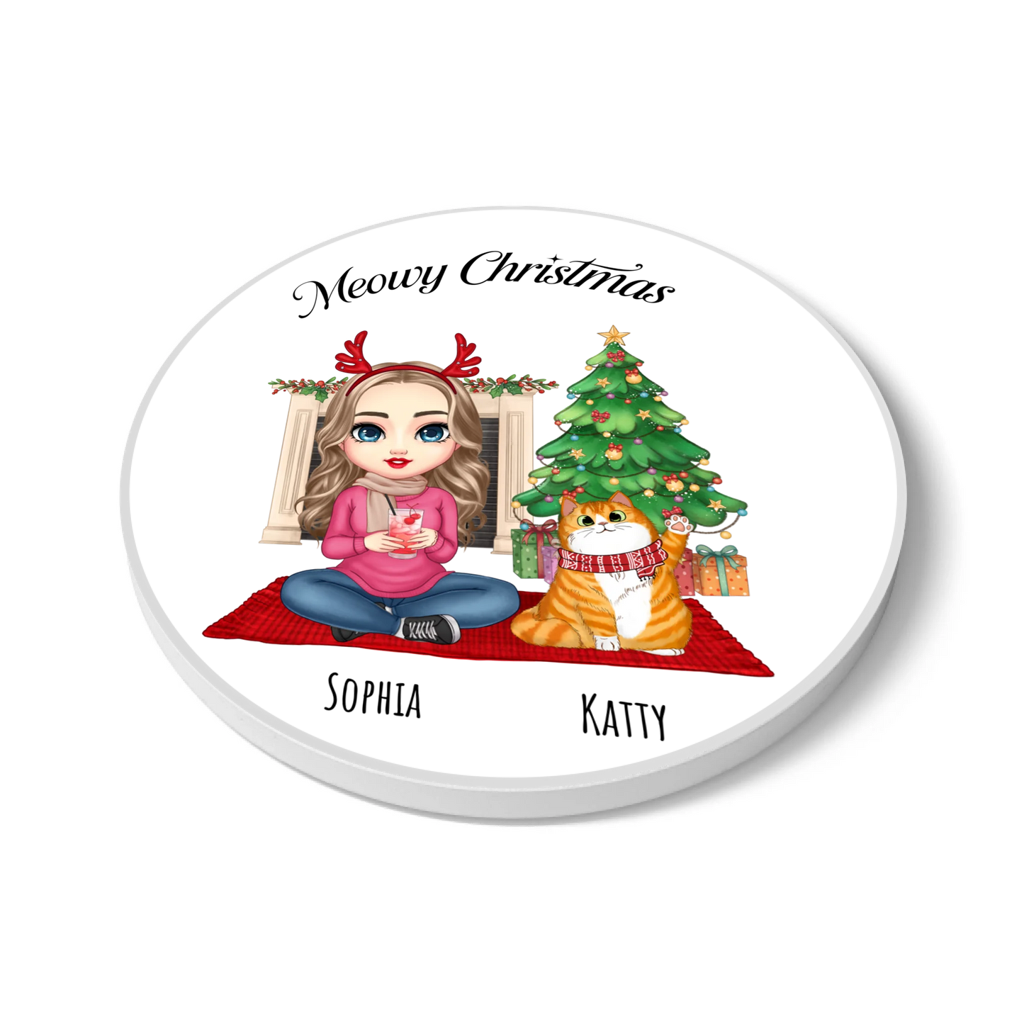 Meowy Christmas Personalised Coaster