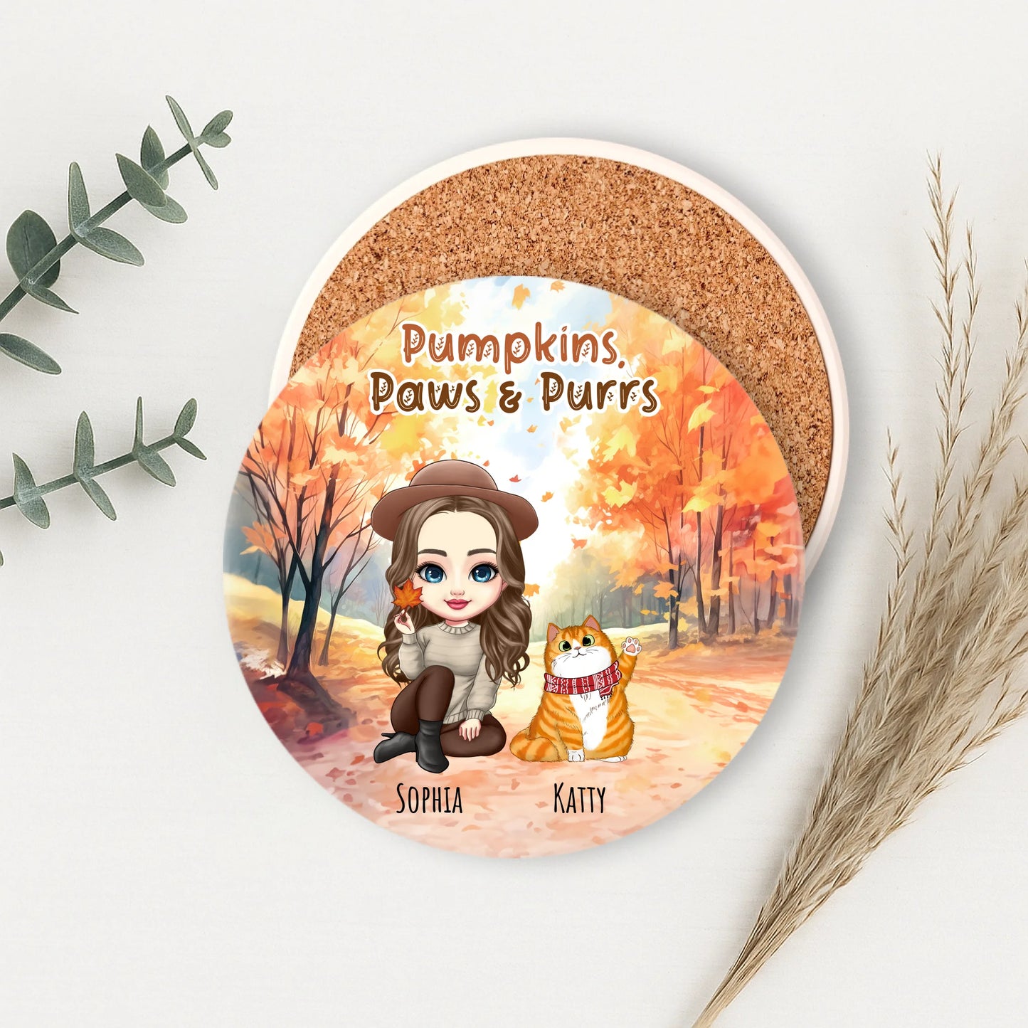 Pumpkins, Paws & Purrs Personalised Cat Coaster