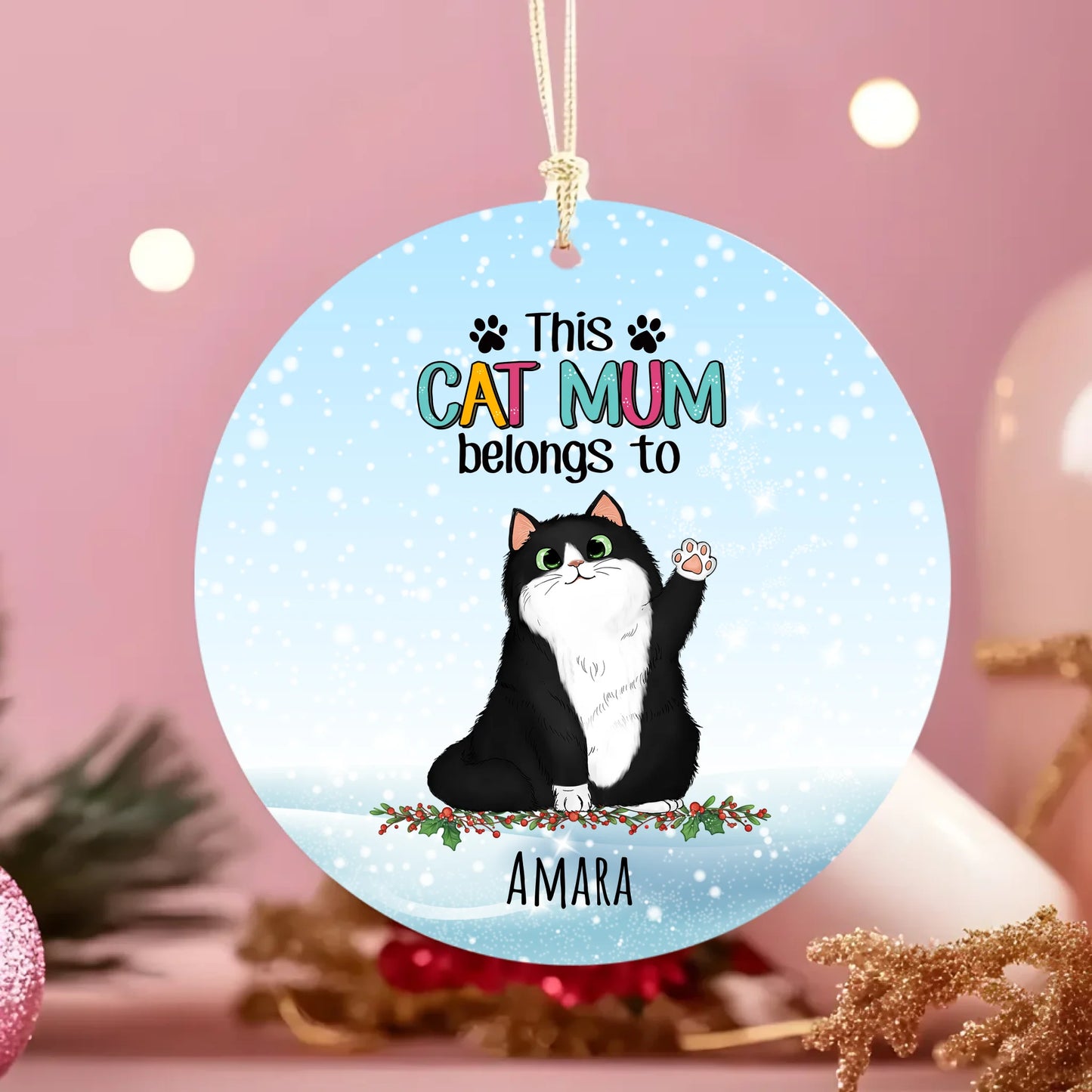 Christmas This Cat Mum Belongs To Personalised Ceramic Hanging Round Ornament