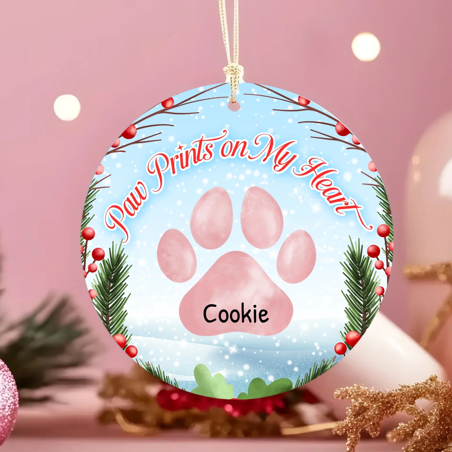 Paw Prints On My Heart Christmas Personalised Round Hanging Ceramic ornament