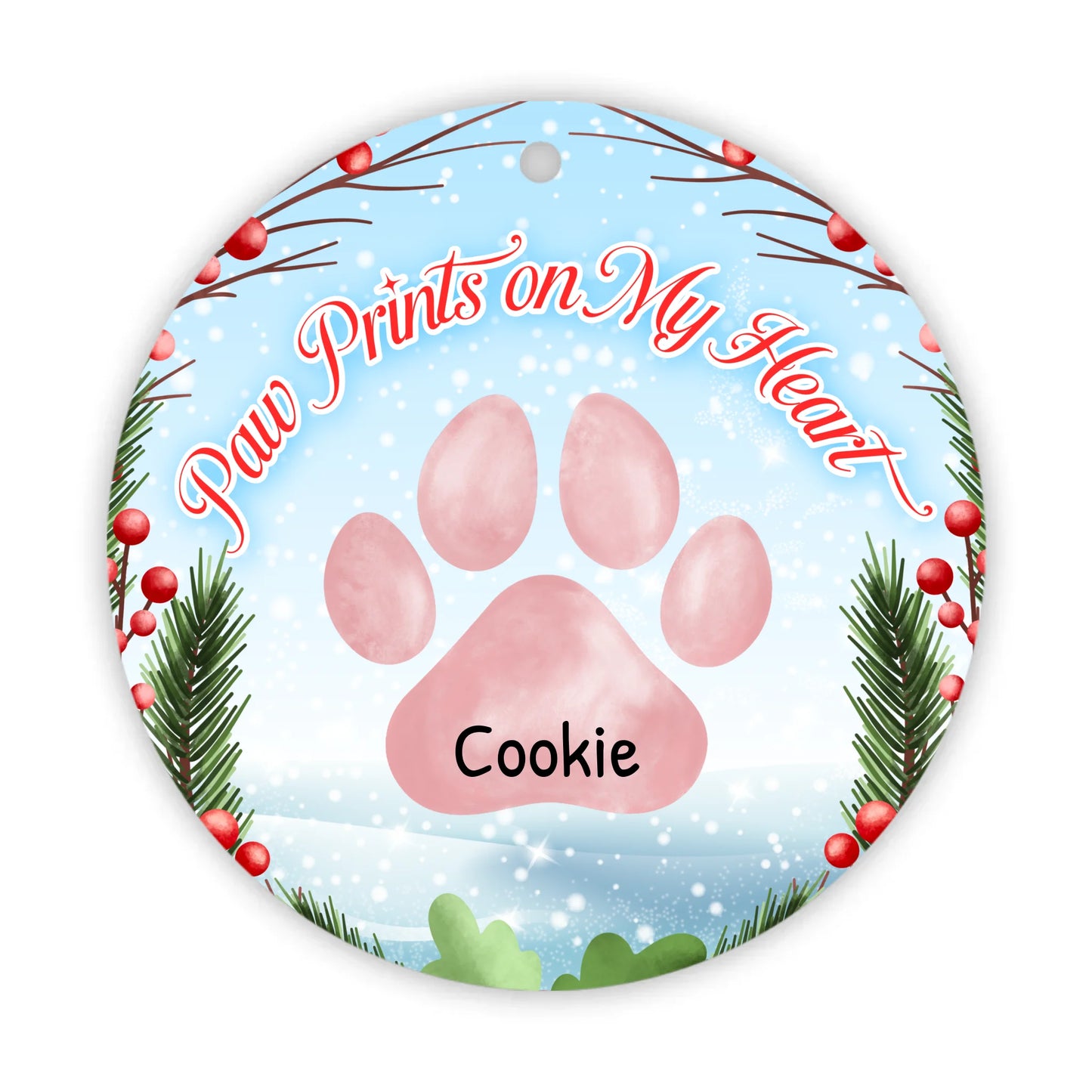 Paw Prints On My Heart Christmas Personalised Round Hanging Ceramic ornament