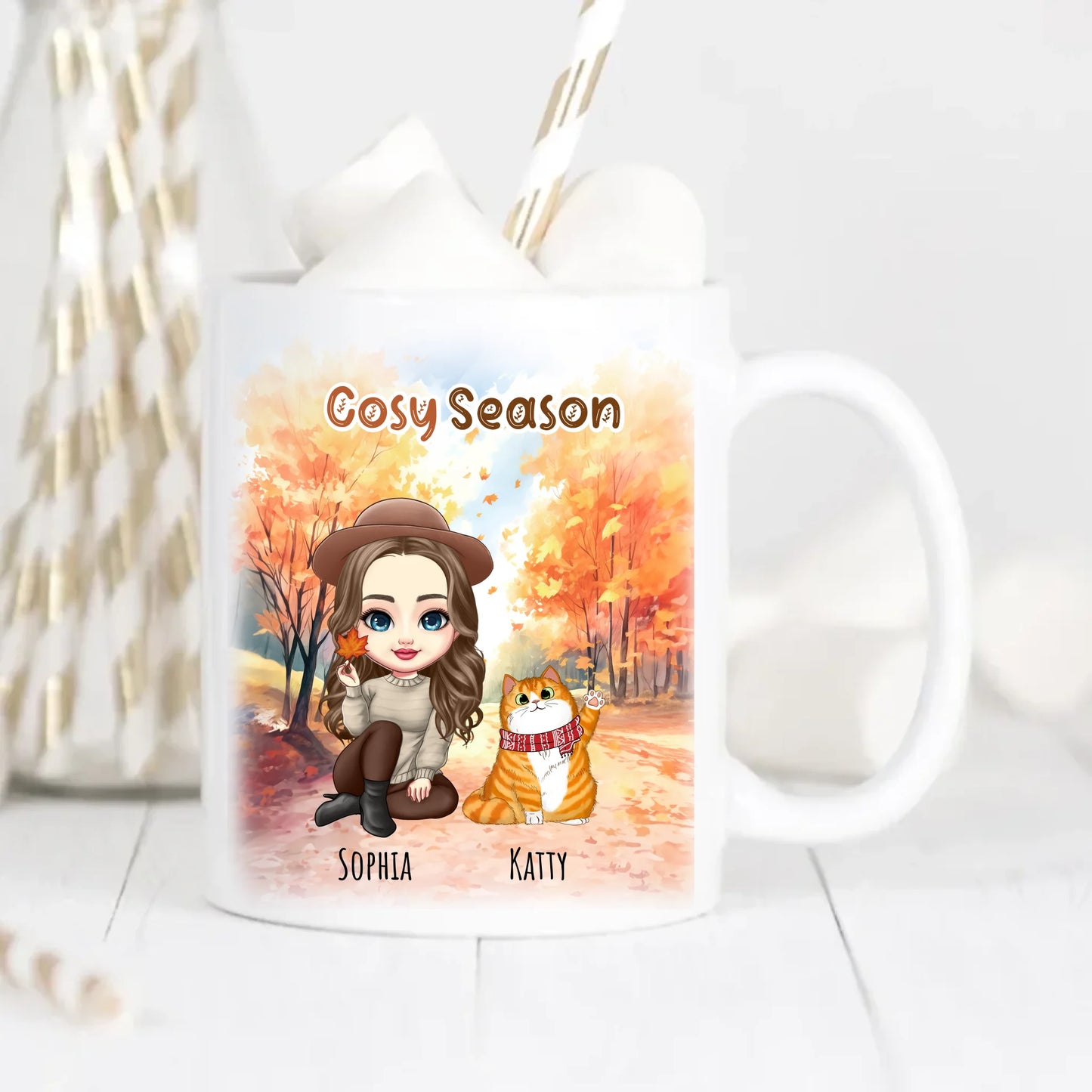 Cosy Season Autumn Personalised Cat Mug