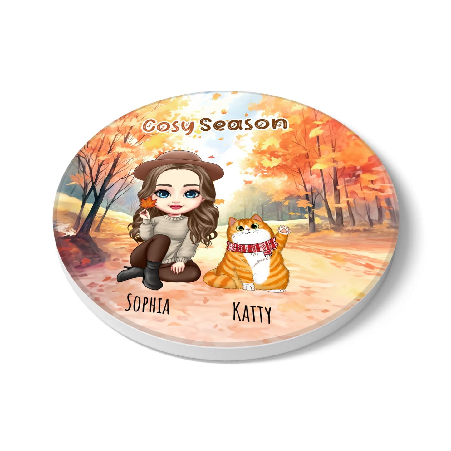 Cosy Season Personalised Cat Coaster