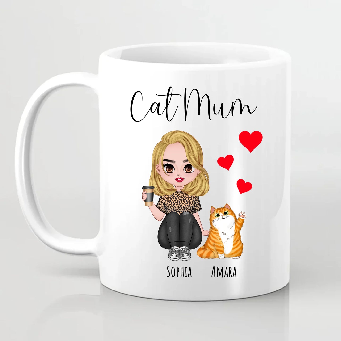 Personalised Cat Mum Red Hearts Mug