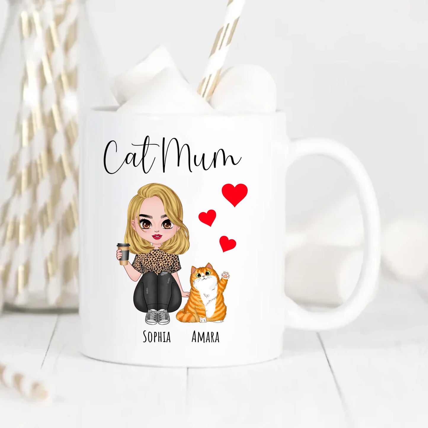 Personalised Cat Mum Red Hearts Mug