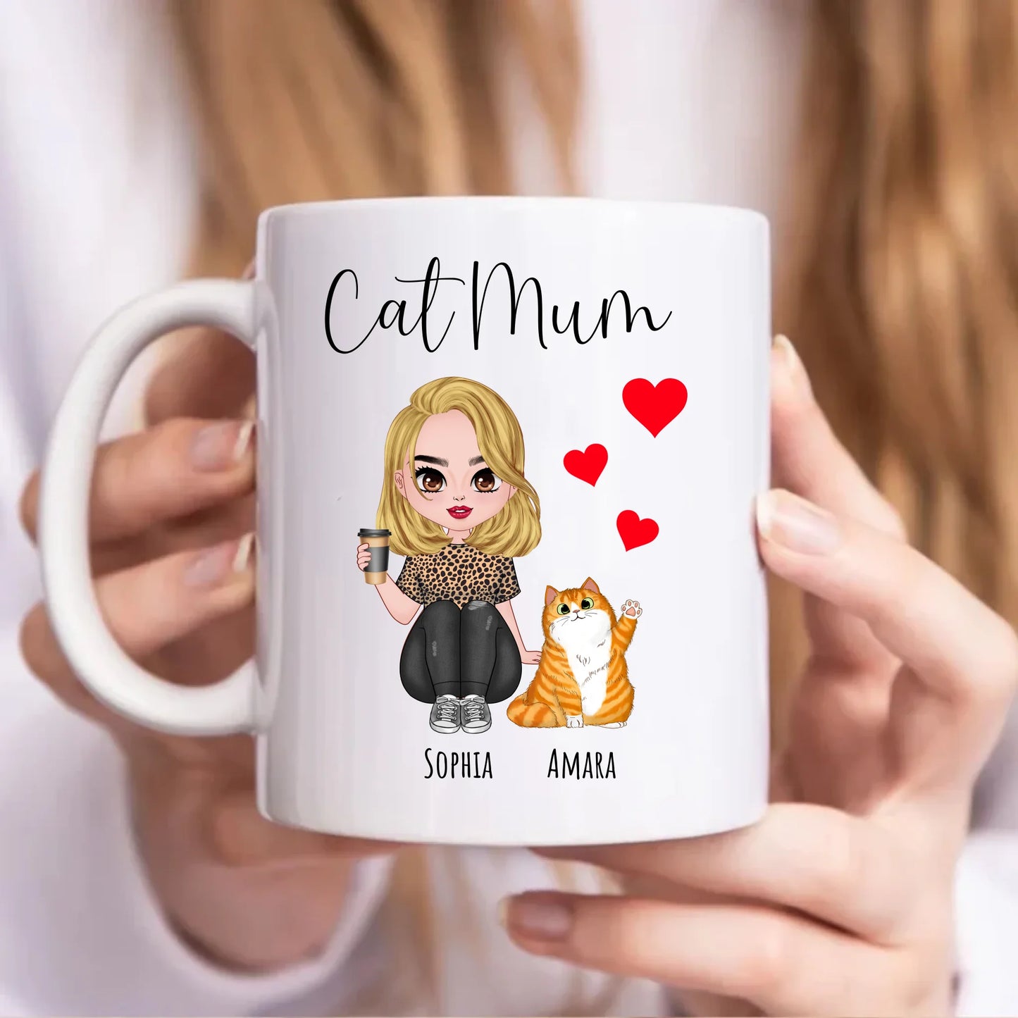 Personalised Cat Mum Red Hearts Mug