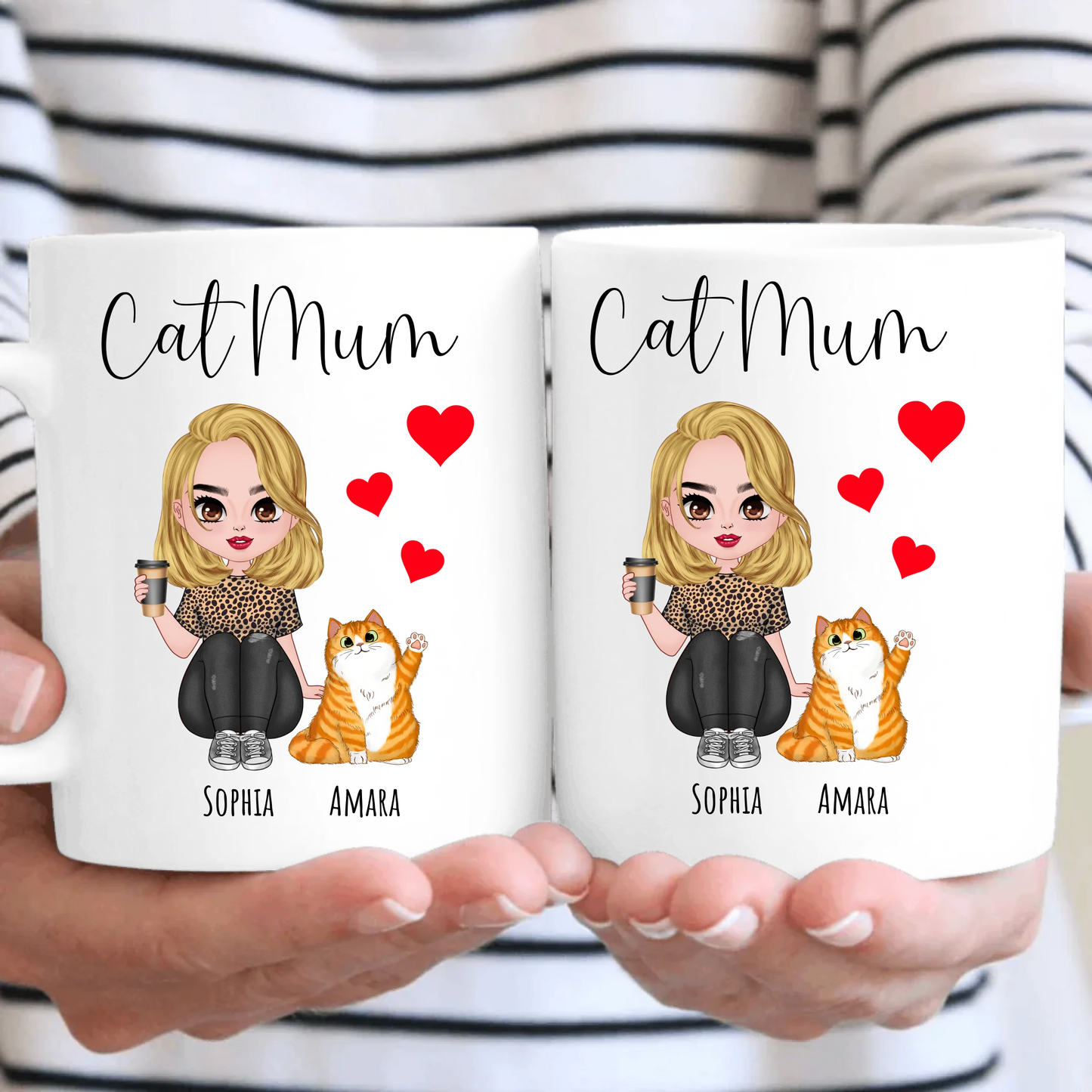 Personalised Cat Mum Red Hearts Mug