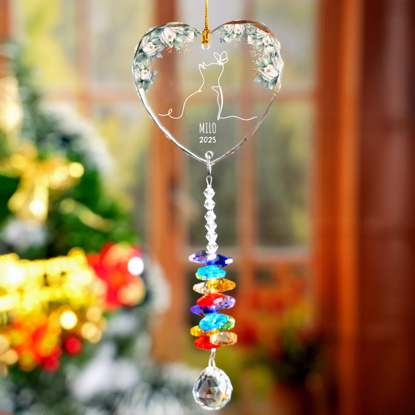 Custom Cat Name Memorial Glass Ornament With Crystal Charm