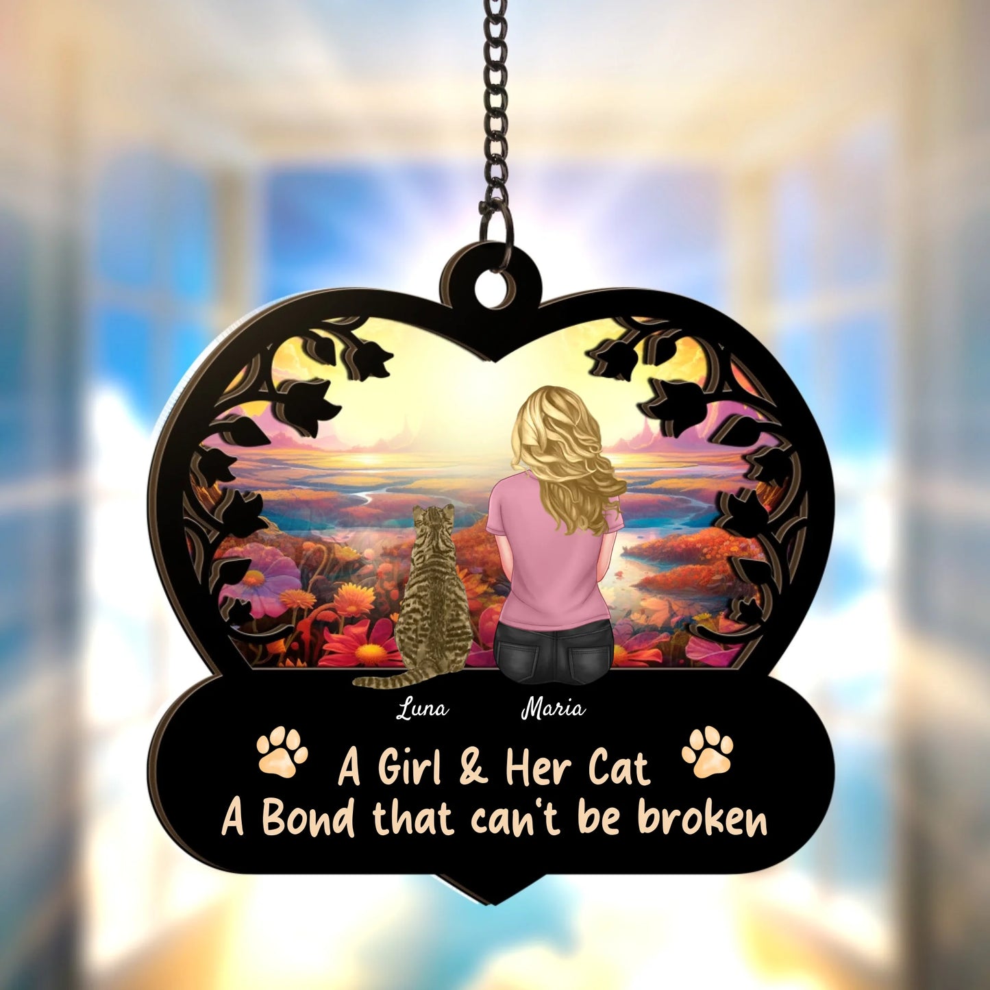 Personalised Cat & Woman Hanging Suncatcher