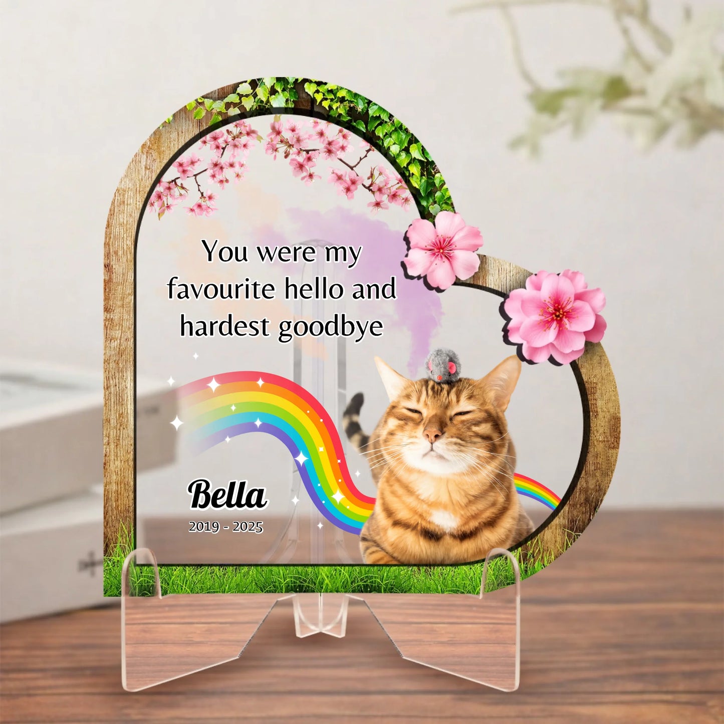 Personalised Photo Pet Memorial Heart Keepsake Sign with Rainbow