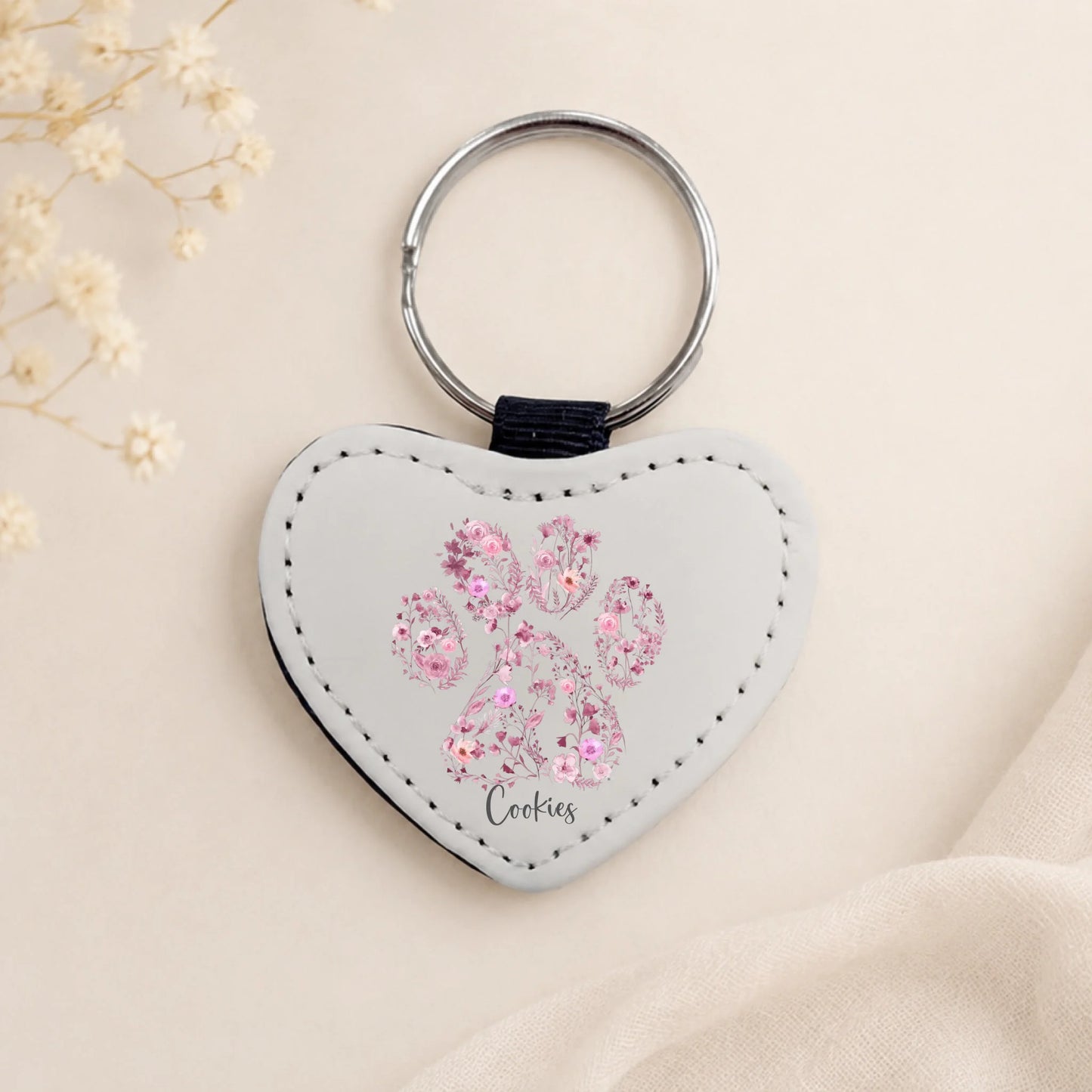 Floral Watercolour Paw Personalised Heart Keyring