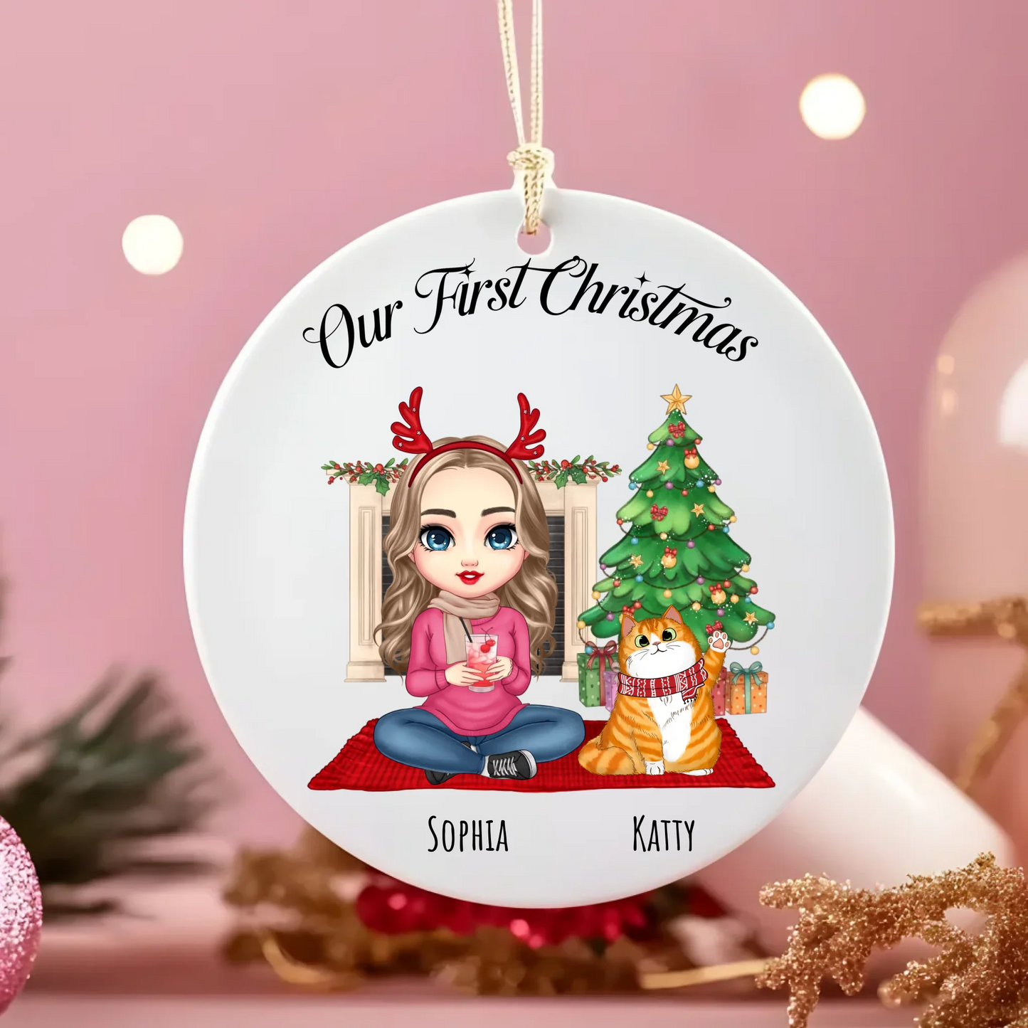 Our First Christmas Cat Personalised Round Hanging Ceramic ornament
