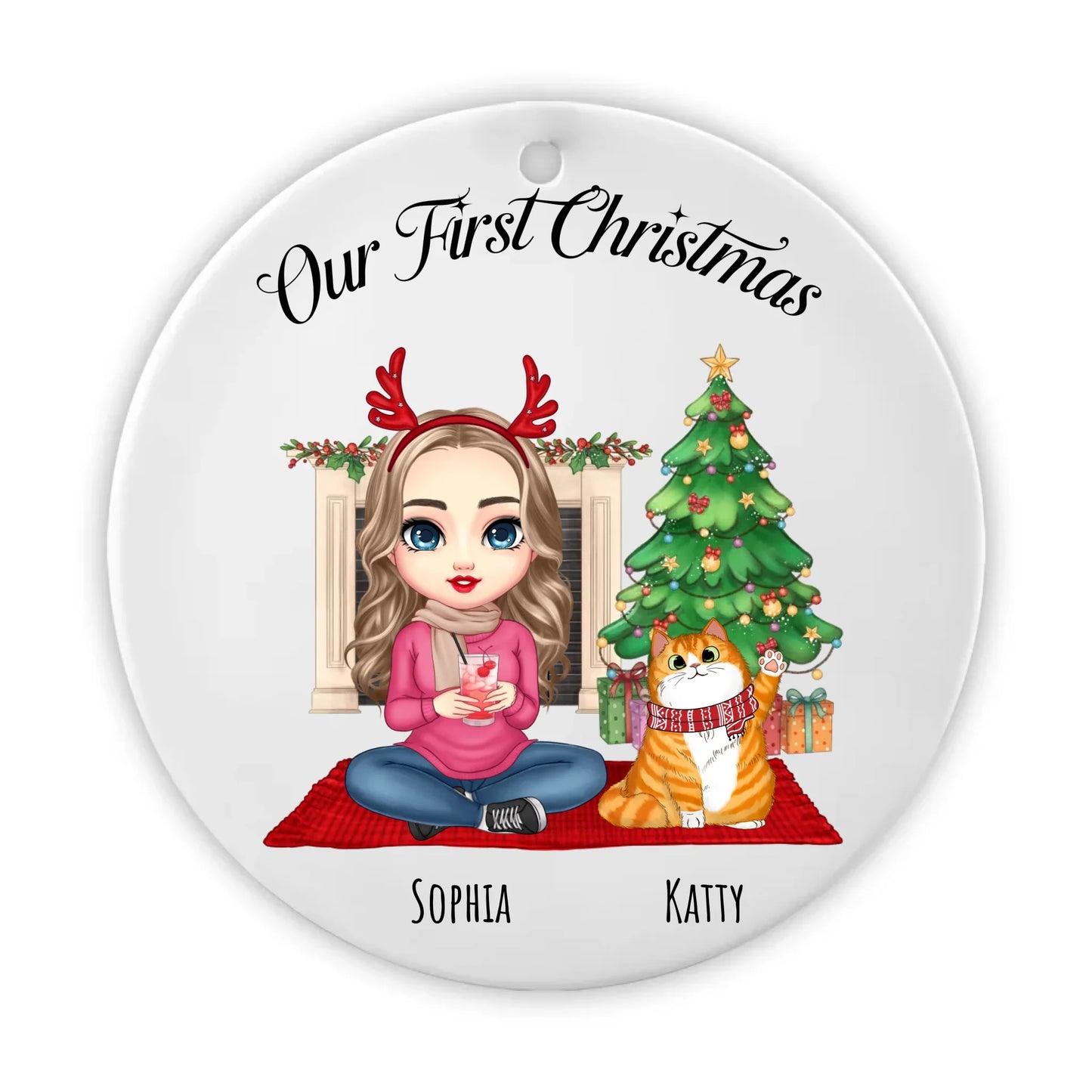 Our First Christmas Cat Personalised Round Hanging Ceramic ornament