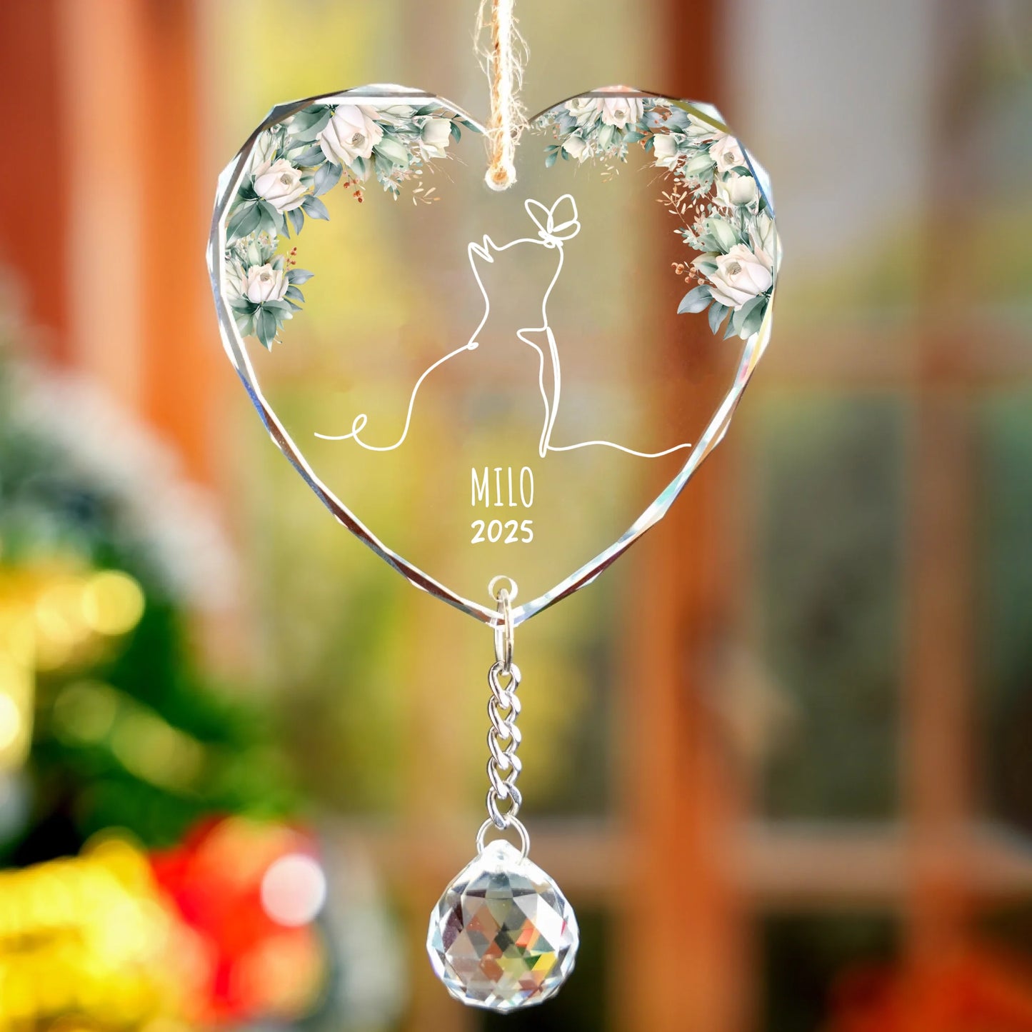 Custom Cat Name Memorial Glass Ornament With Crystal Charm