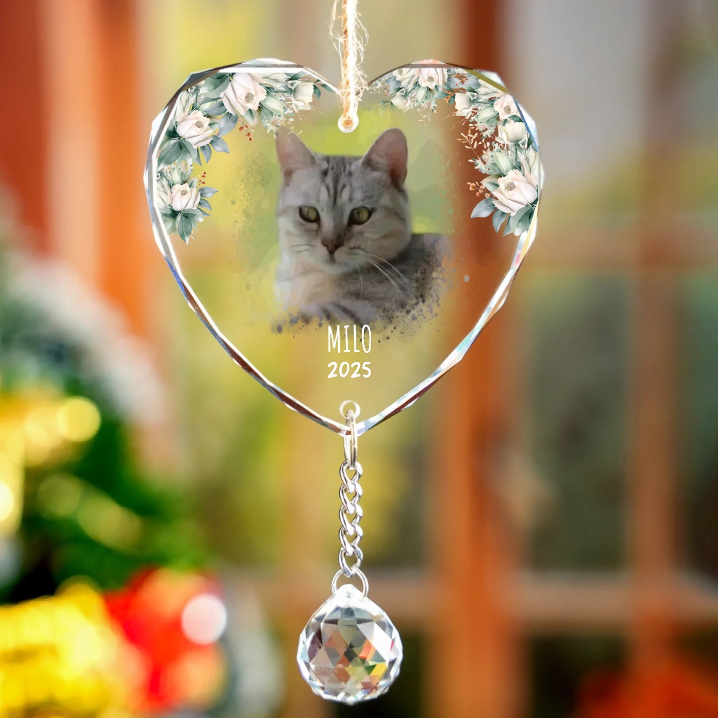 Personalised Pet Watercolour Photo-Upload Memorial Glass Ornament With Crystal Charm
