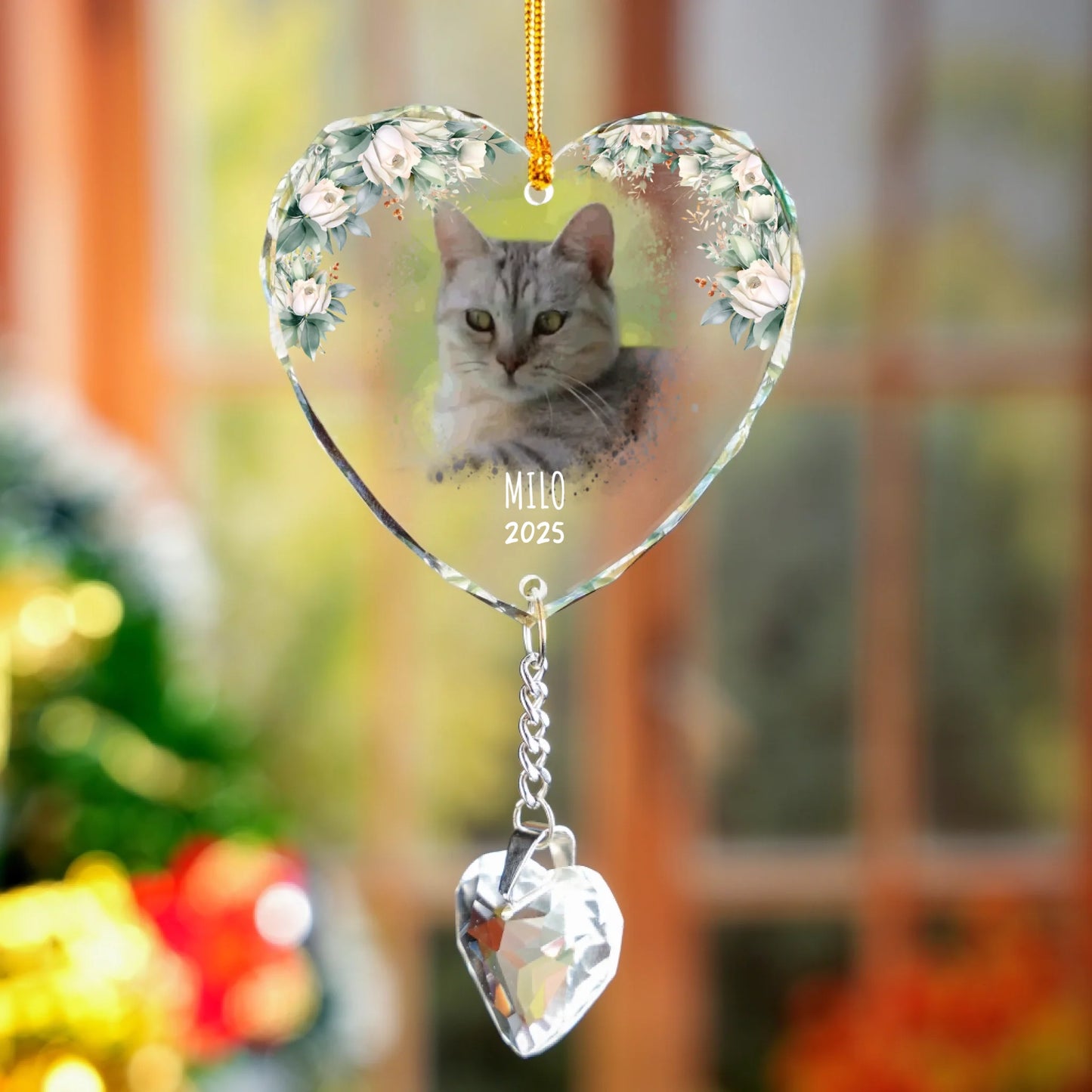 Personalised Pet Watercolour Photo-Upload Memorial Glass Ornament With Crystal Charm