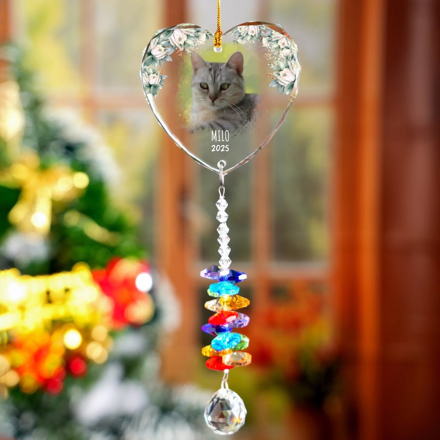 Personalised Pet Watercolour Photo-Upload Memorial Glass Ornament With Crystal Charm
