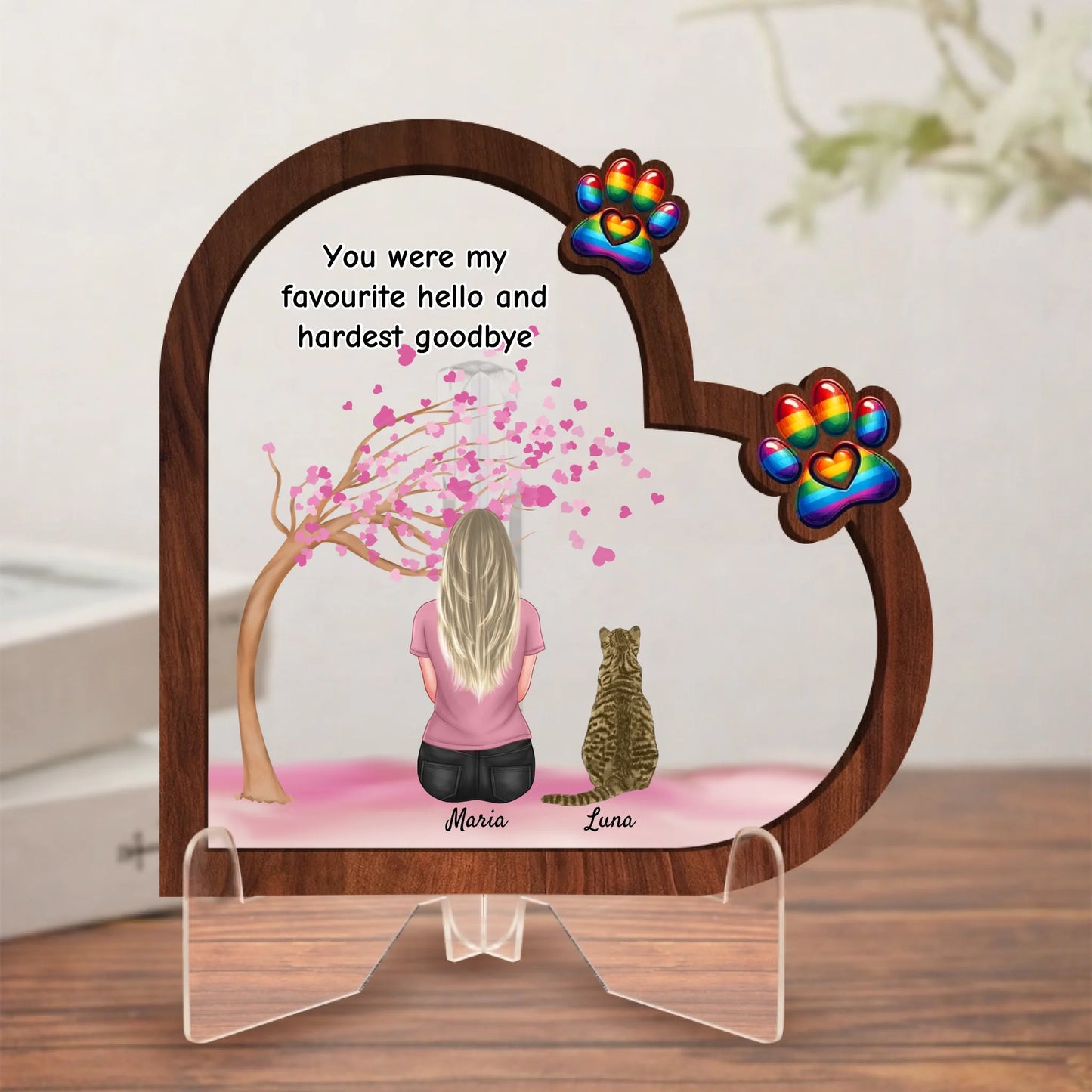 Personalised Watercolour Cat Memorial Heart Keepsake Sign