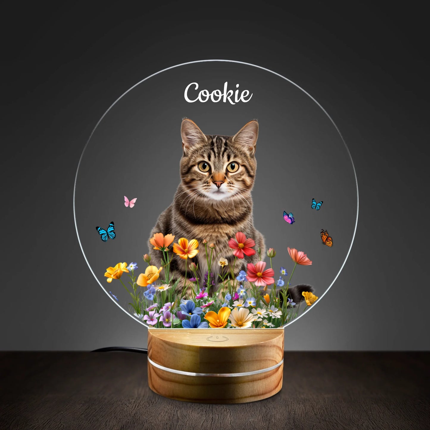Personalised Pet Photo LED Night Light with Round Wooden Base