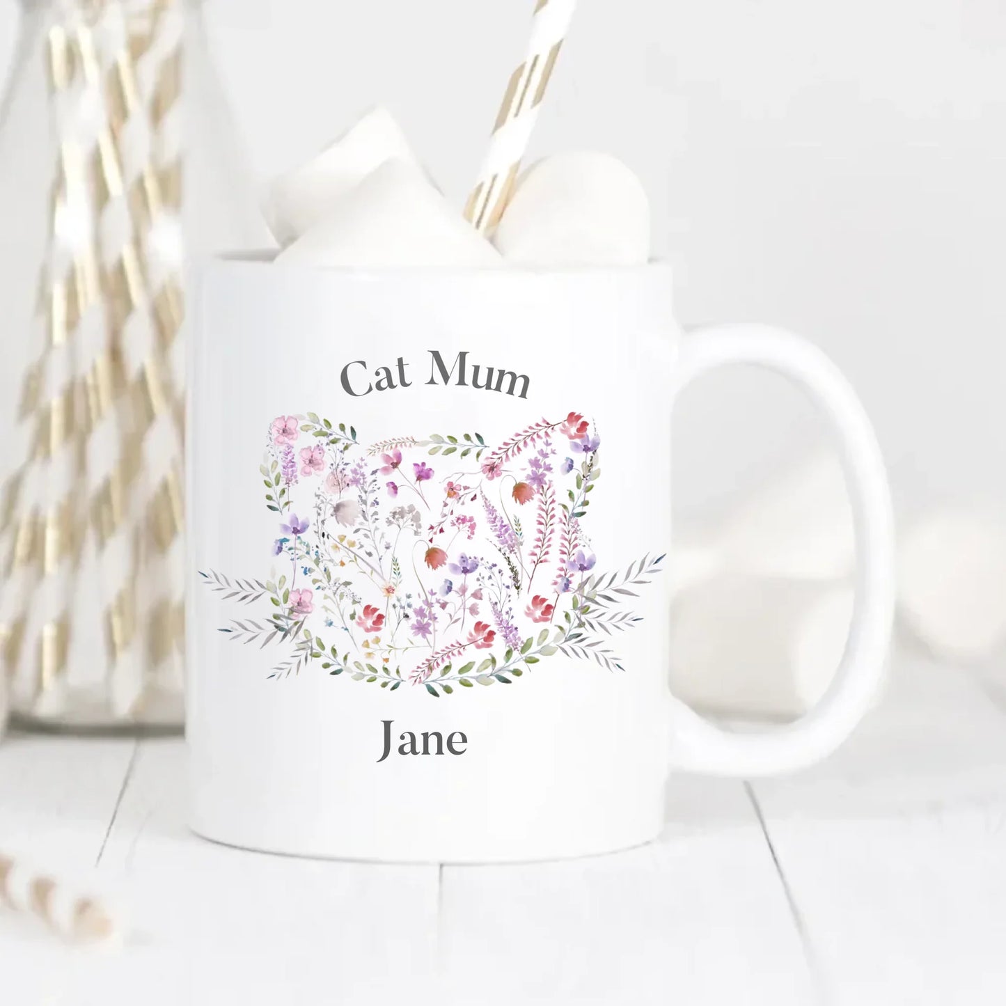 Floral Cat Face Cat Mum Personalised Mug