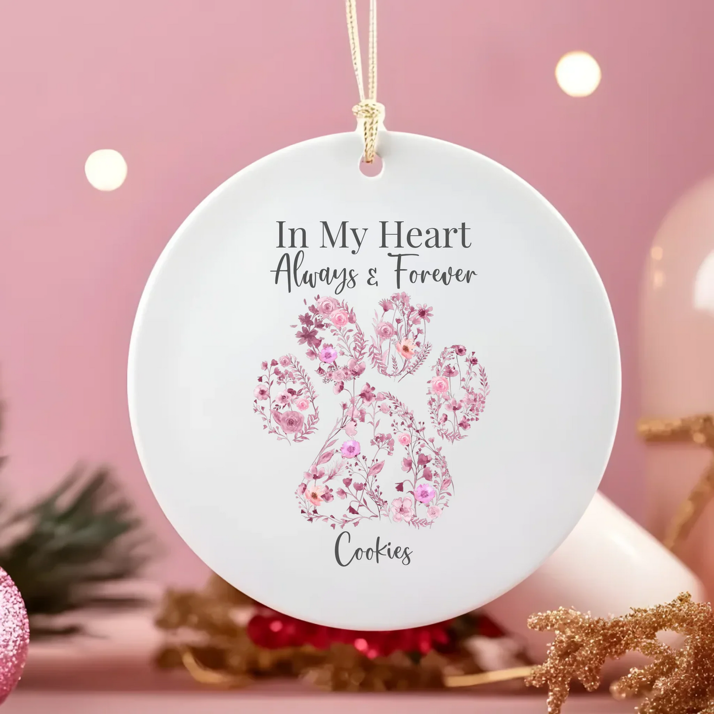 Floral Watercolour Paw Personalised Always In My Heart Ceramic Hanging Round Ornament