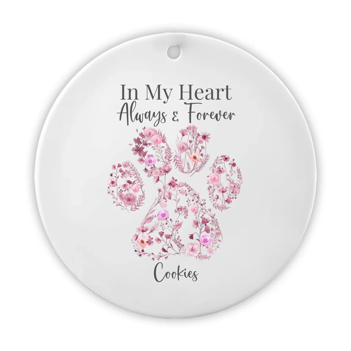 Floral Watercolour Paw Personalised Always In My Heart Ceramic Hanging Round Ornament