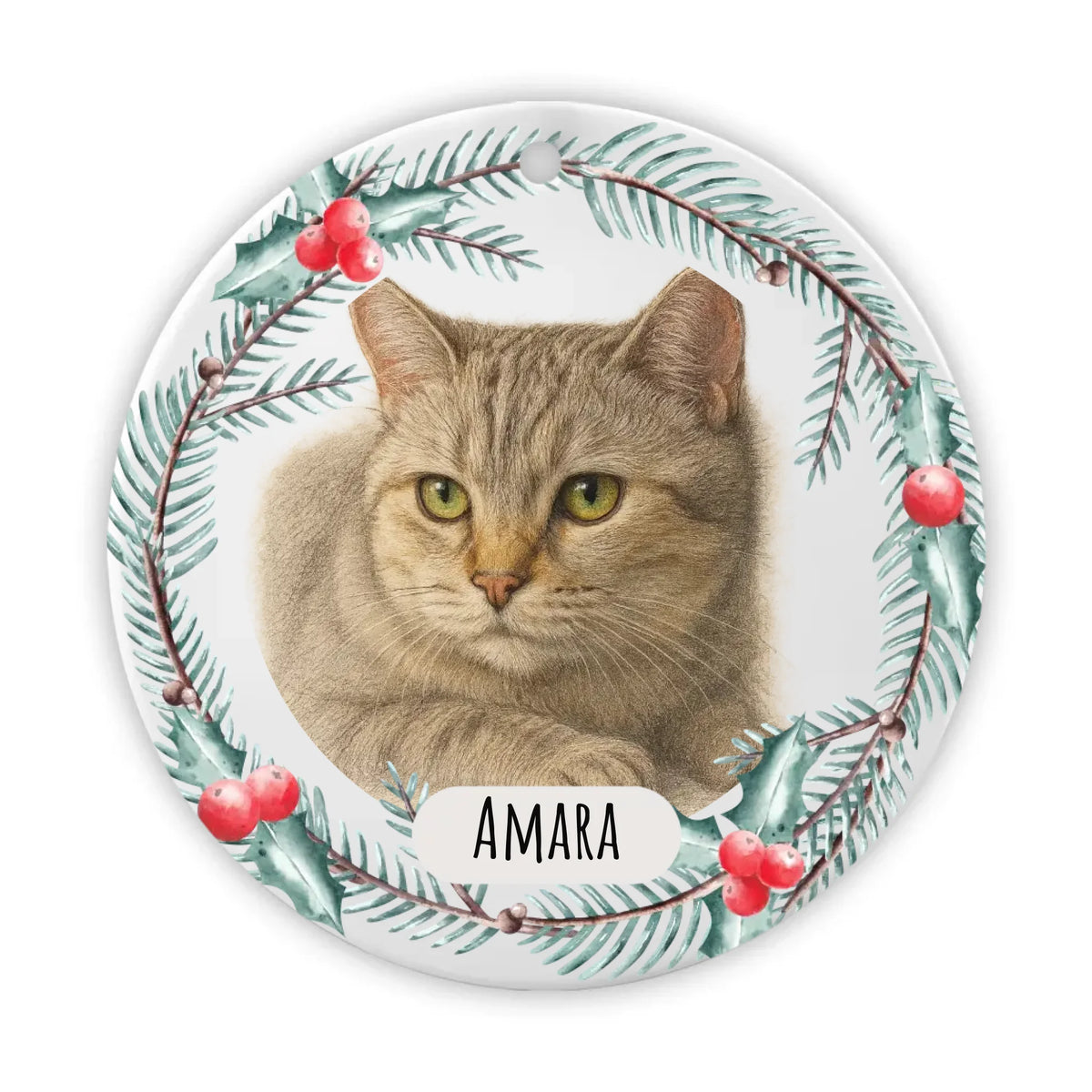 Christmas Watercolour Pet Personalised Round Hanging Ceramic ornament