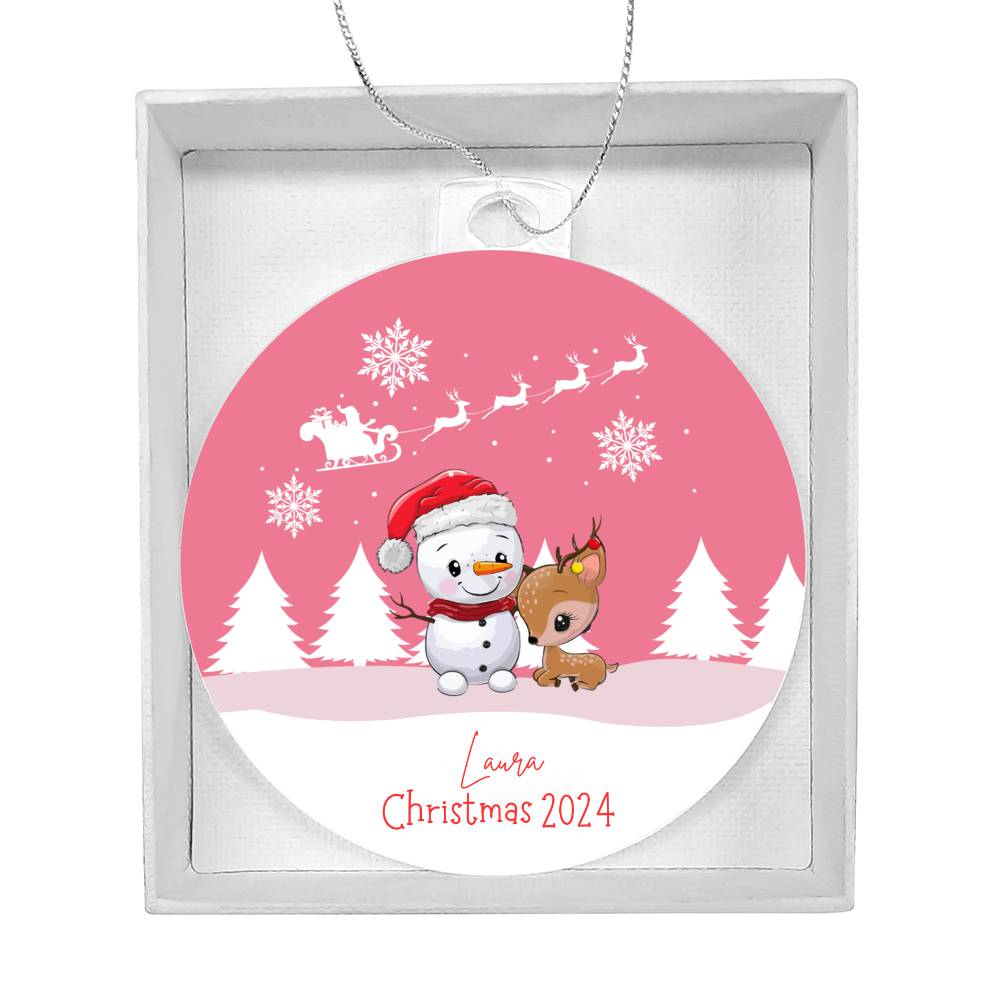 Christmas Baby Reindeer Pink Acrylic Hanging Tree Ornament