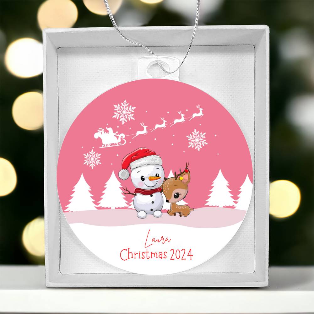 Christmas Baby Reindeer Pink Acrylic Hanging Tree Ornament