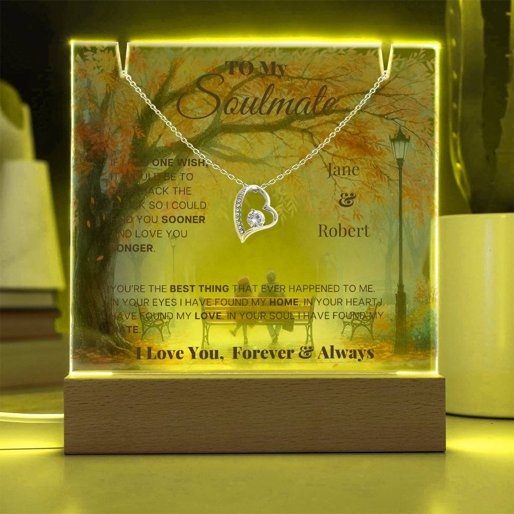 Autumn Couple on Bench Personalized - Keepsake Forever Love Necklace & Acrylic Plaque