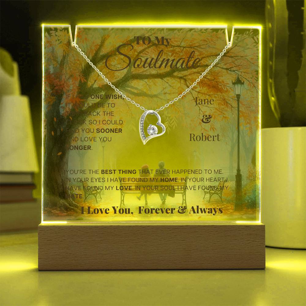 Autumn Couple on Bench Personalized - Keepsake Forever Love Necklace & Acrylic Plaque